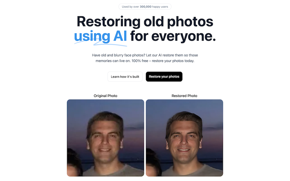 RestorePhotos AI photo restore generator. homepage screenshot
