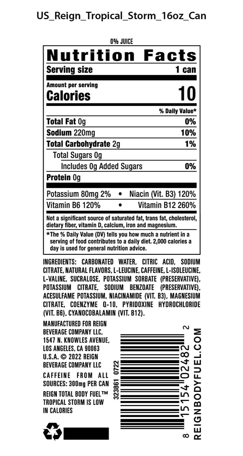 Nutrition Facts label of 16 fl oz can of REIGN Energy Drink in Tropical Storm flavor.