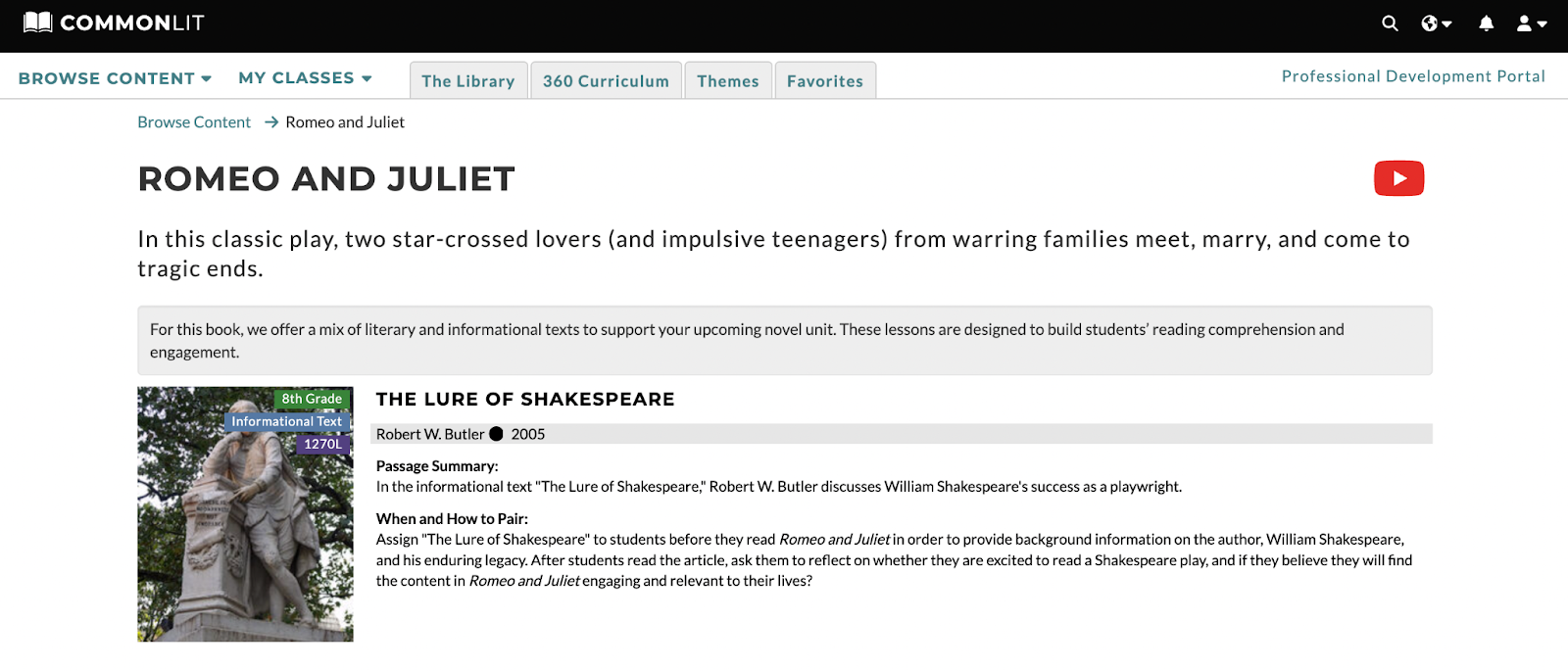 A screenshot of the first lesson on the Book Pairing page for Romeo and Juliet