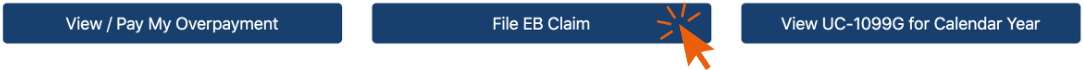 This image is a screenshot of where to click &quot;File EB Claim&quot; on the PA Department of Labor Website. It shows three dark blue rectangles with gray text. An orange arrow hovers over the middle box, which reads &quot;File EB Claim&quot;