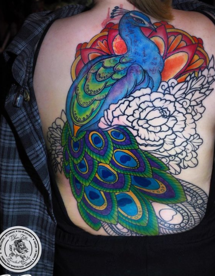 Attractive And Colorful Peacock Back Tattoo Design 