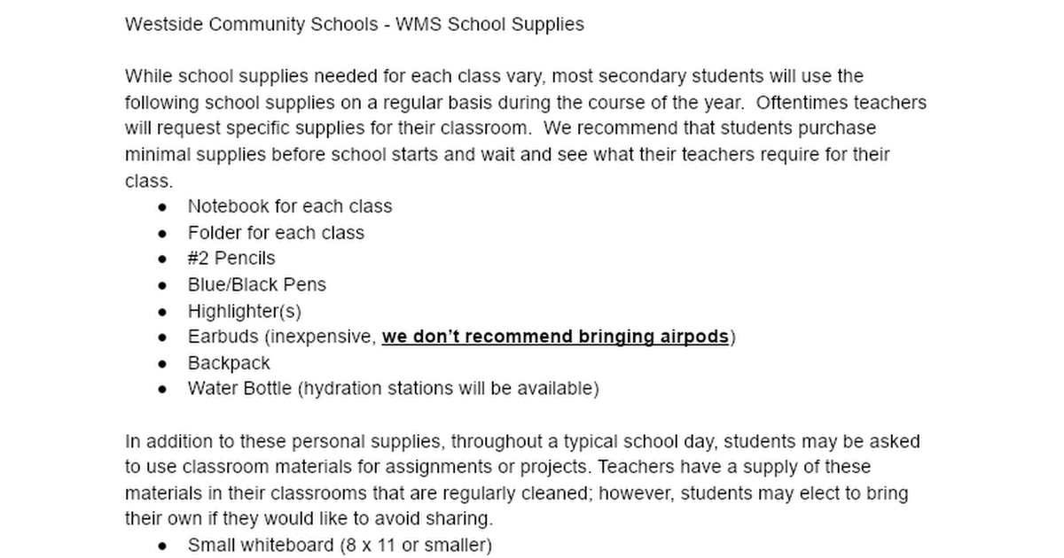 WMS School Supply List 2022-23