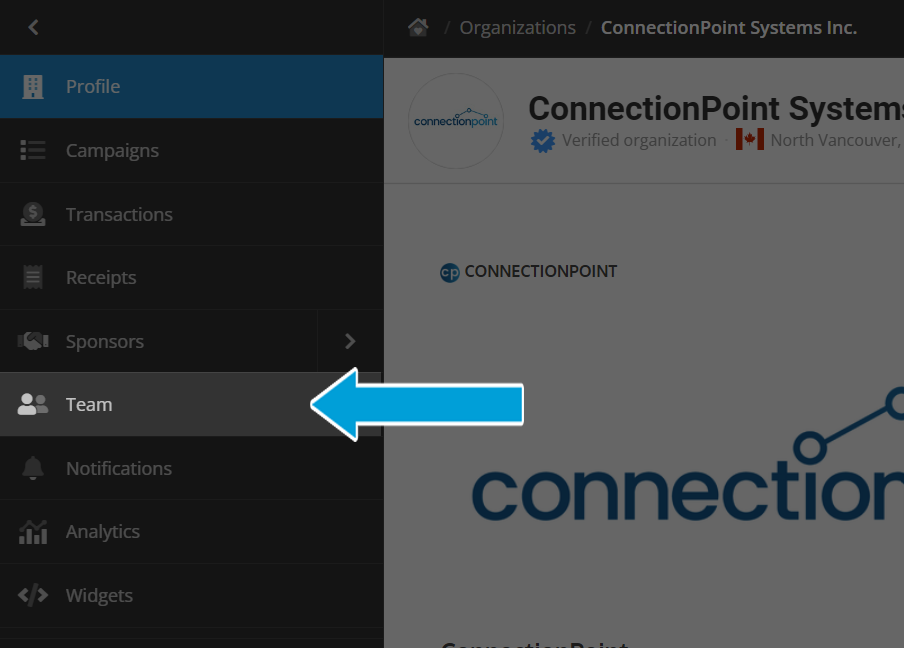 Screenshot of an organization profile in administrative view. The left side of the page is occupied by a sidebar menu. The sixth option down is highlighted and reads 'Team'. A blue arrow points to it. 
