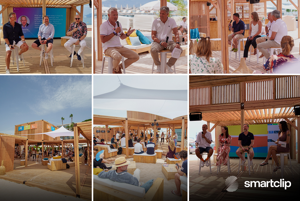 smartclip branded collage of various adtech industry experts hosting and participating in panels on the RTL Beach at Cannes Lions 2022.