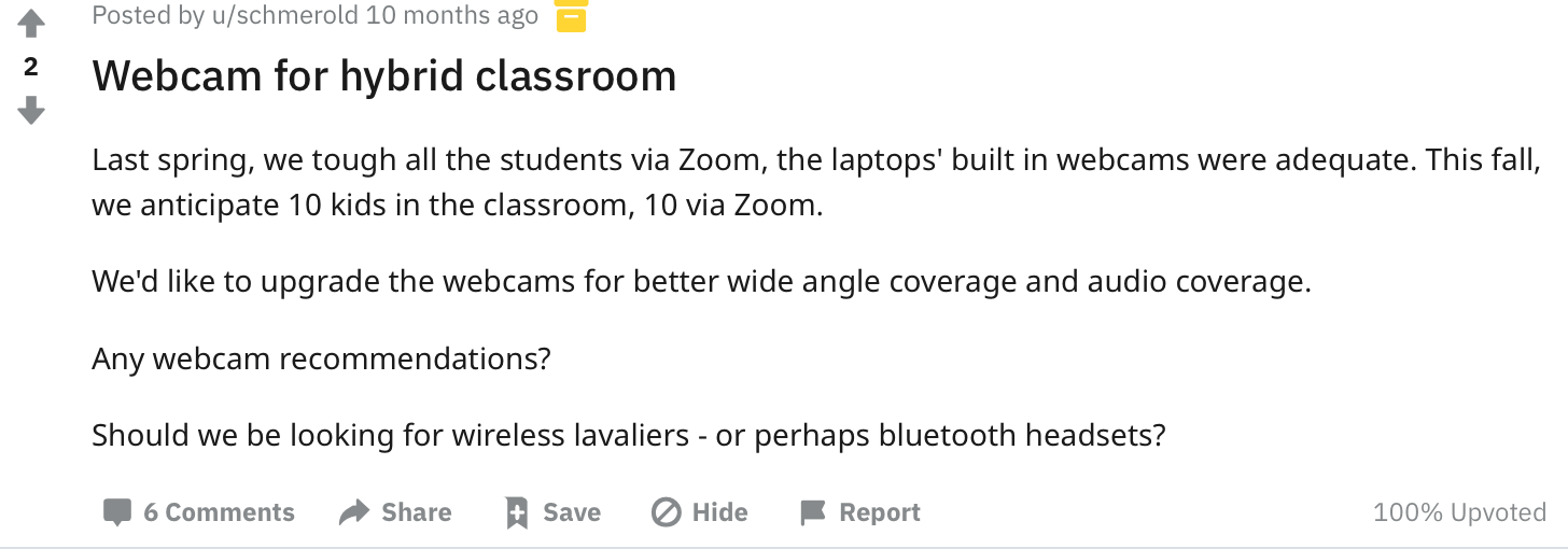 webcam for hybrid classroom reddit