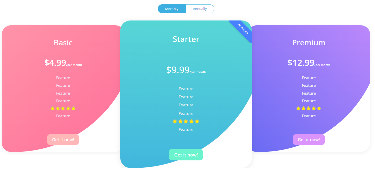 an example of pricing tables