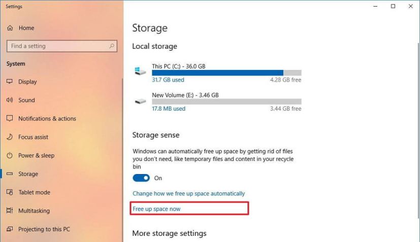 Storage settings on Windows 10