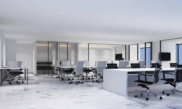Working area in modern office with white marble floor and meeting room. interior 3d rendering Working area in modern office with white marble floor and meeting room. interior 3d rendering office stock pictures, royalty-free photos & images