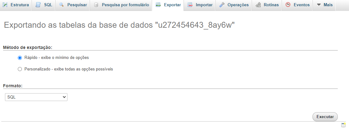 Menu de exportação de banco de dados no phpMyAdmin