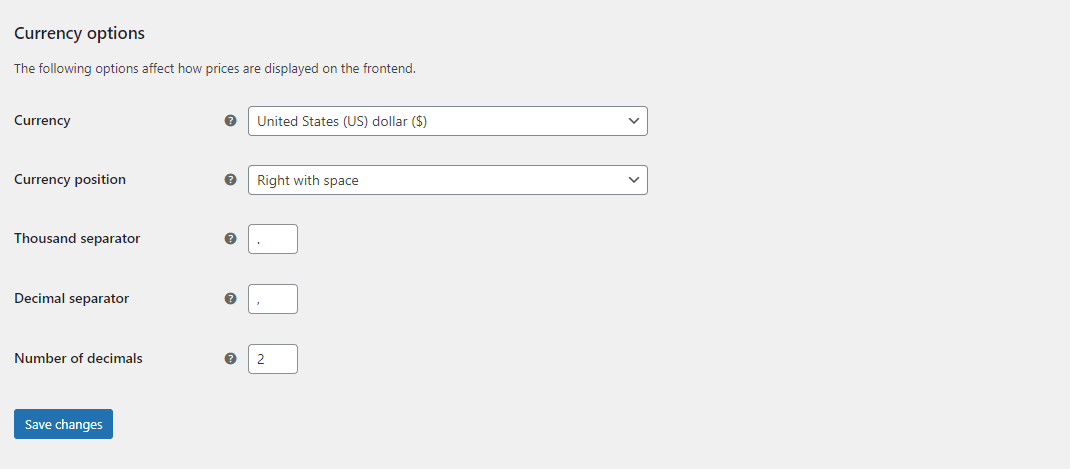 This illustration shows WooCommerce currency options.