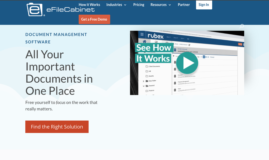 eFileCabinet website homepage with a blue top banner and red call to action buttons. The screen reads All Your Important Documents in One Place Find the Right Solution