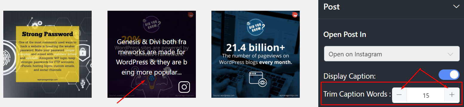 Trim caption words Instagram settings