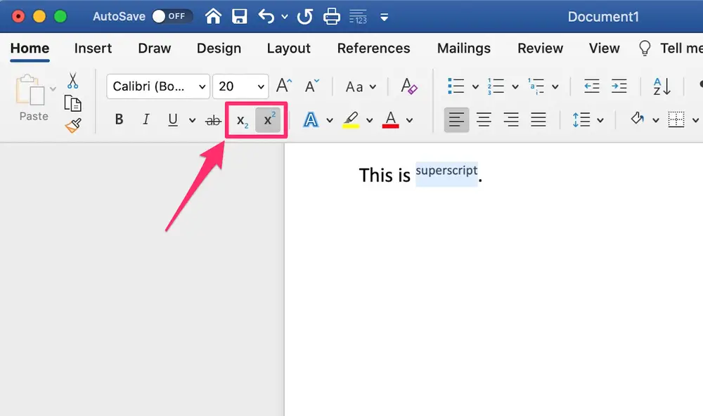 superscript symbols button on home tab in the ribbon view