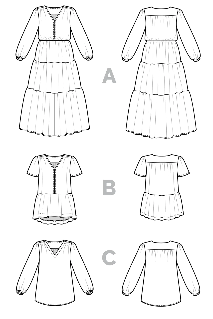 A) Line drawings of a dress from the front & back.  The dress has set in sleeves, a highwaist that is elastic gathered.  The sleeves end in gathered narrow cuffs.  The skirt is maxi length and tiered with a longer tier for the final tier.

B) a tunic with the same button front bodice and a single tier gathered skirt that is lower in the back than the front.

C) a v-neck top with a yoke back, long gathered sleeves ending in a cuff.
