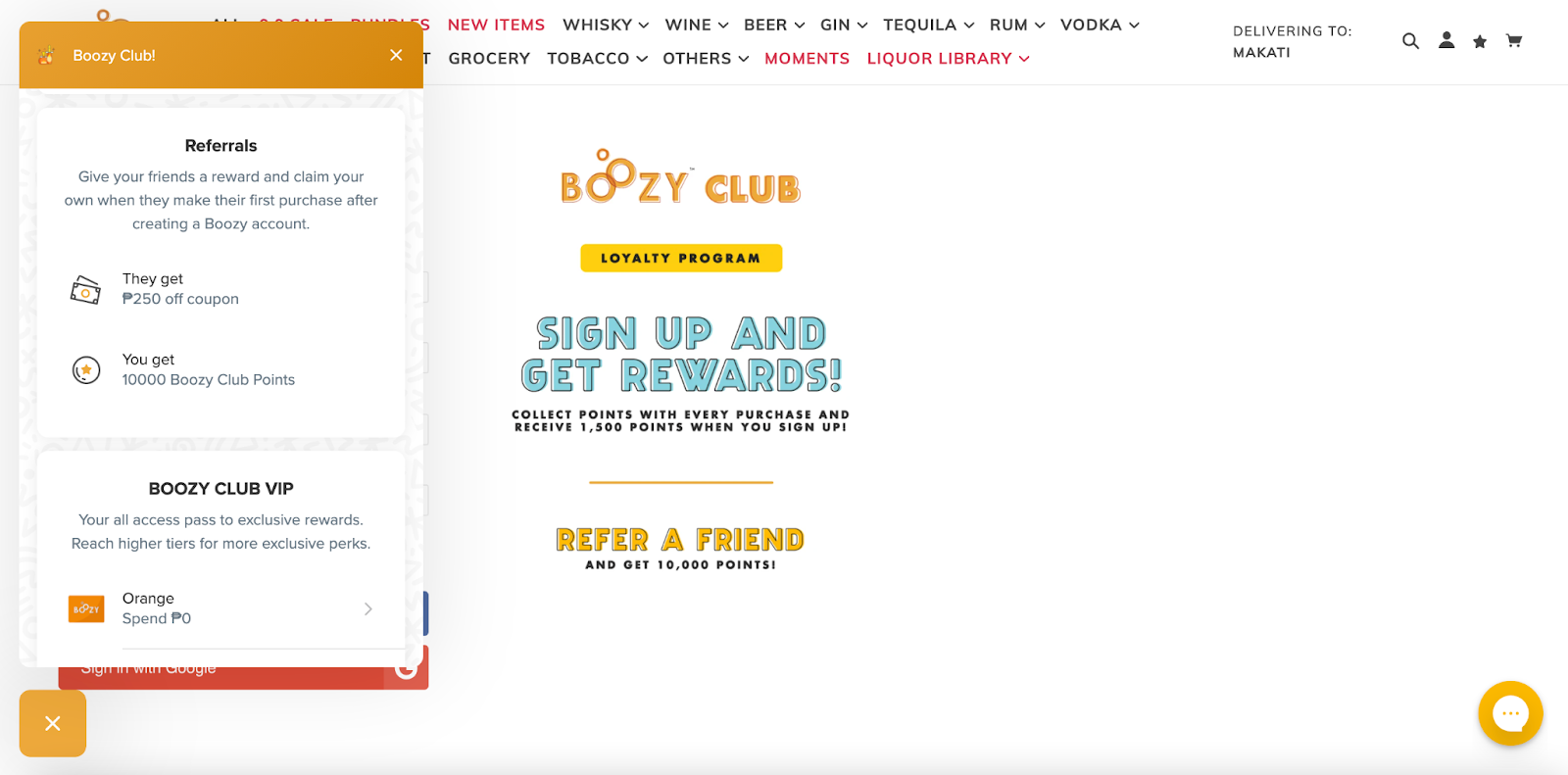 Rewards program for BFCM–A screenshot of Boozy Club’s homepage showing their loyalty program panel explaining their referral program and Boozy Club VIP program. 