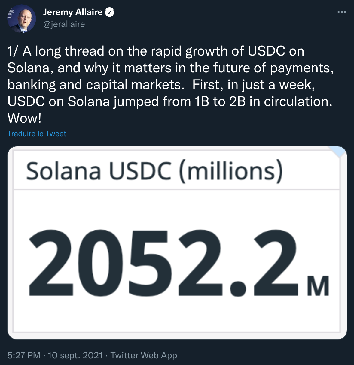 Publication Twitter de Jeremy Allaire annonçant qu'il y a 2,5 milliards d'USDC en circulation sur Solana