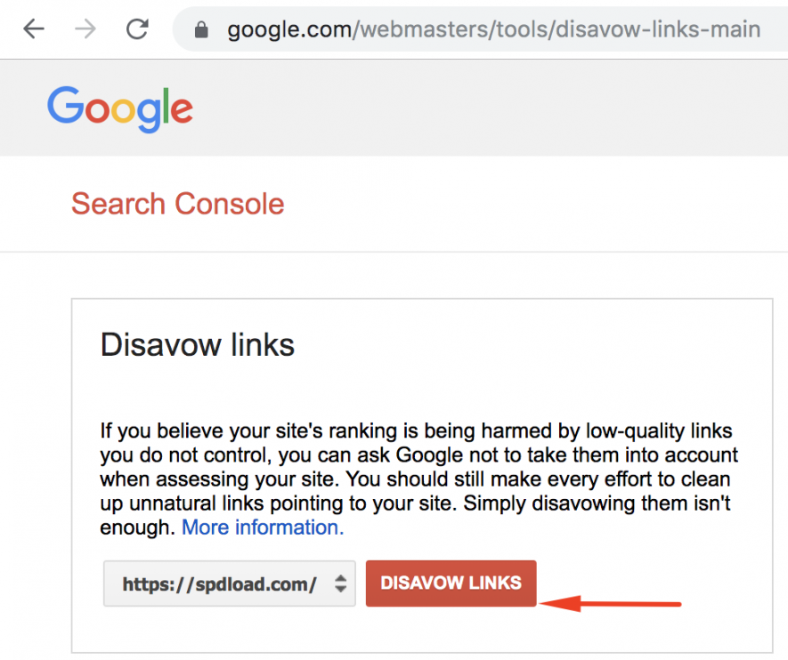 The screenshot shows the "disavow links" button on Google Search Console