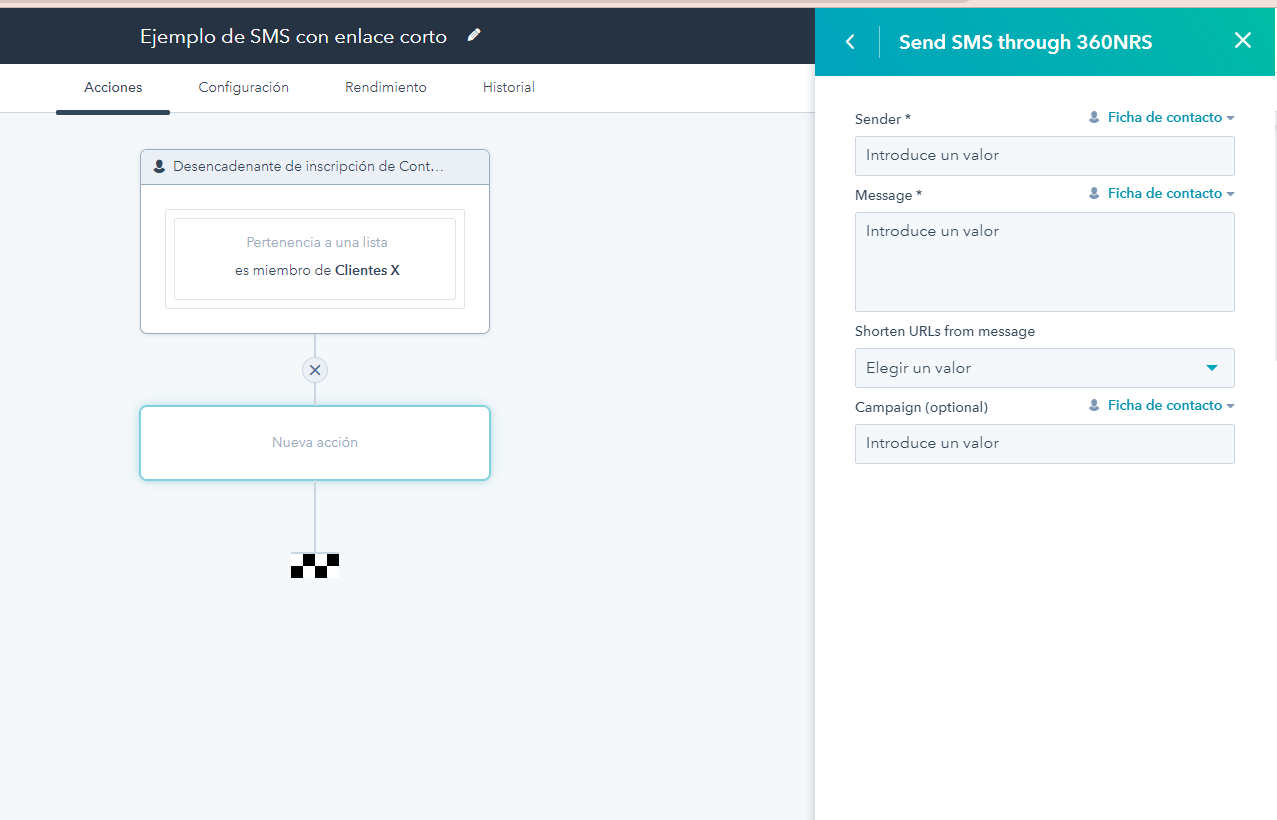 Configuración de un envió de SMS 