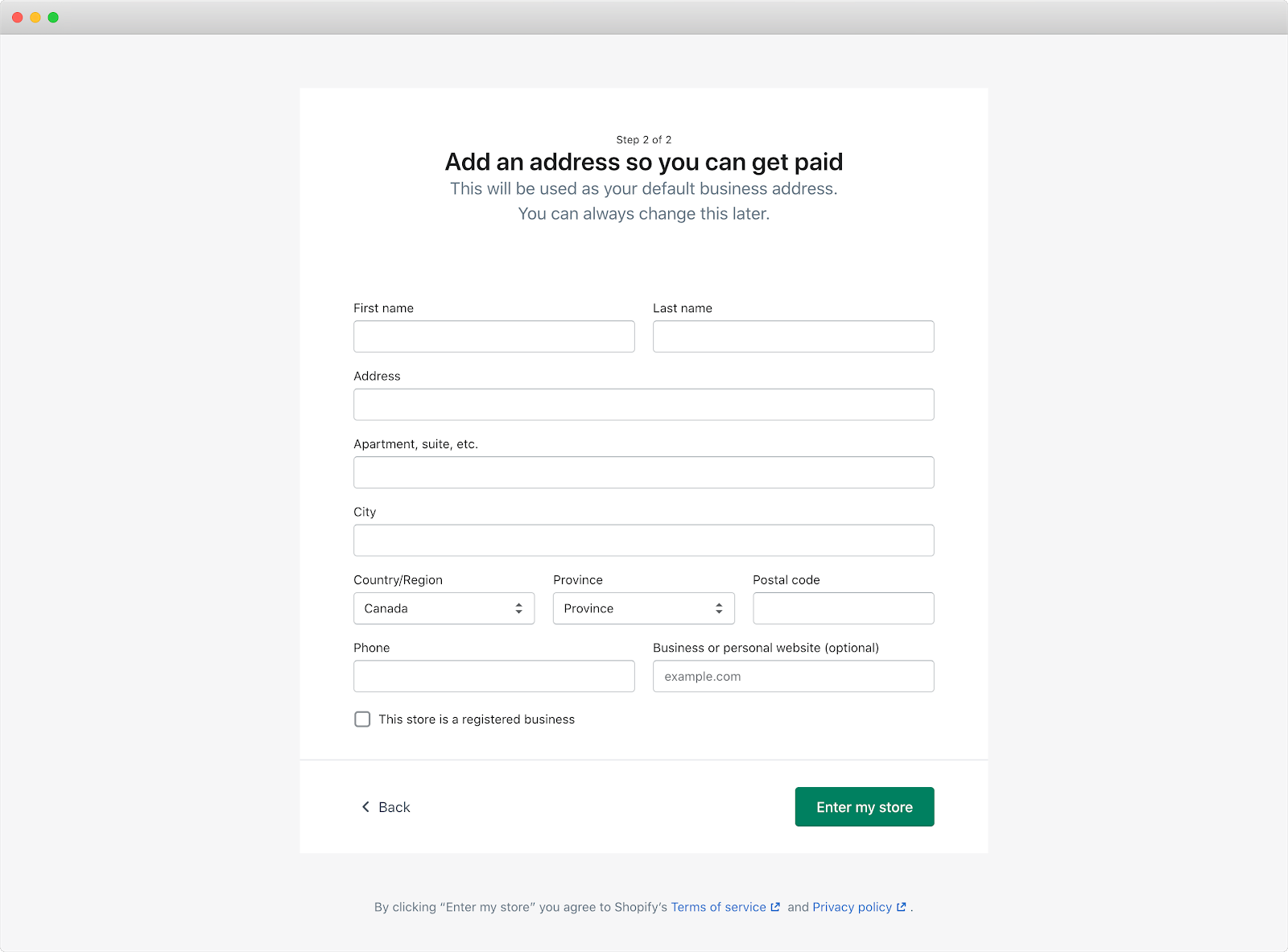 A screenshot showing Step 2 of Shopify's signup process