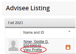 View Profile option under student name in listing
