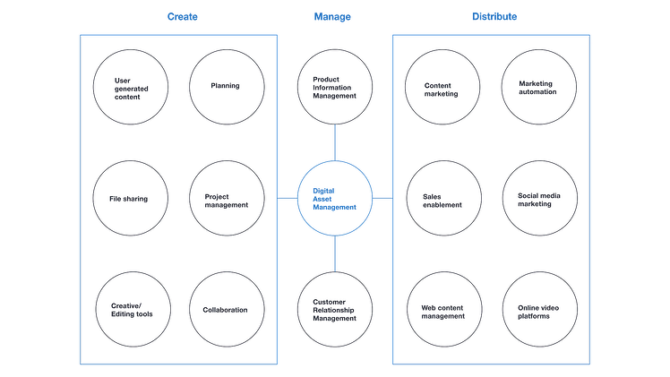 Chart with circles representing processes and tools that contribute to the creation, management, and distribution of content and digital asset management (DAM) is at the center of it. 