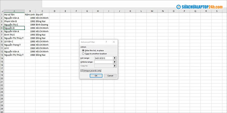 Thiết lập các điều kiện lọc trùng dữ liệu trong Excel như hình