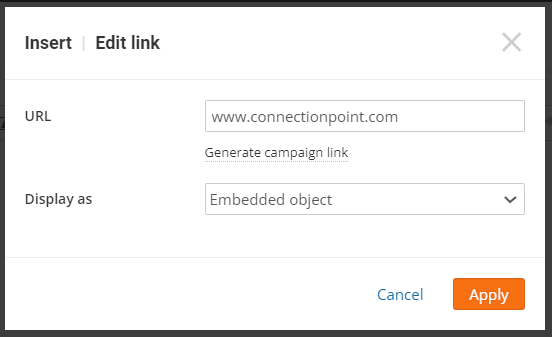 Screenshot of insert/edit link option with embedded option selected