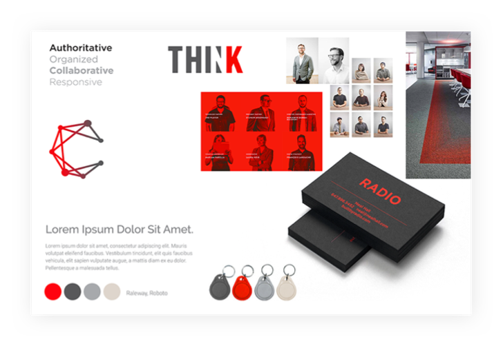 Example of a brand mood board featuring a red, gray, and white color palette.