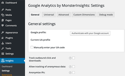 Autentique a Conta do Google para selecionar seu perfil do Analytics