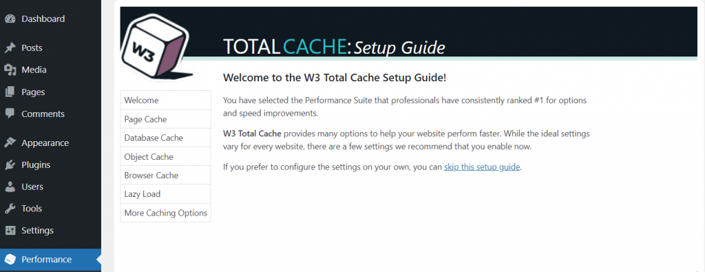 La guía de configuración en el panel de WordPress de W3 Total Cache