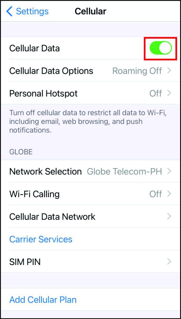 Toggle the ‘Cellular Data’ button so that it’s turned on
