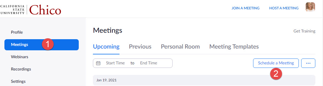 meetings interface for zoom with meetings > schedule a meeting selected