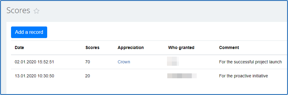 screenshot of employee's personal page with received appreciations