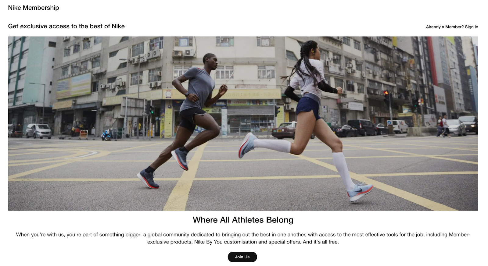 A screenshot of the Nike Membership explainer page with 2 people running in a street and text "Where All Athletes Belong."