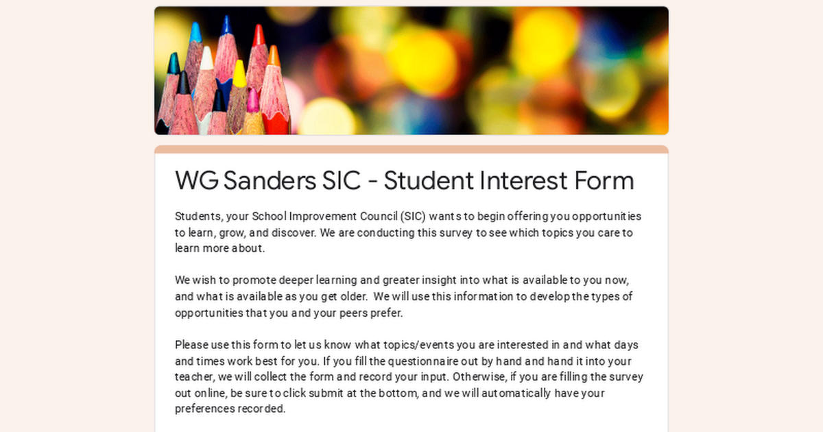 WG Sanders SIC - Student Interest Form