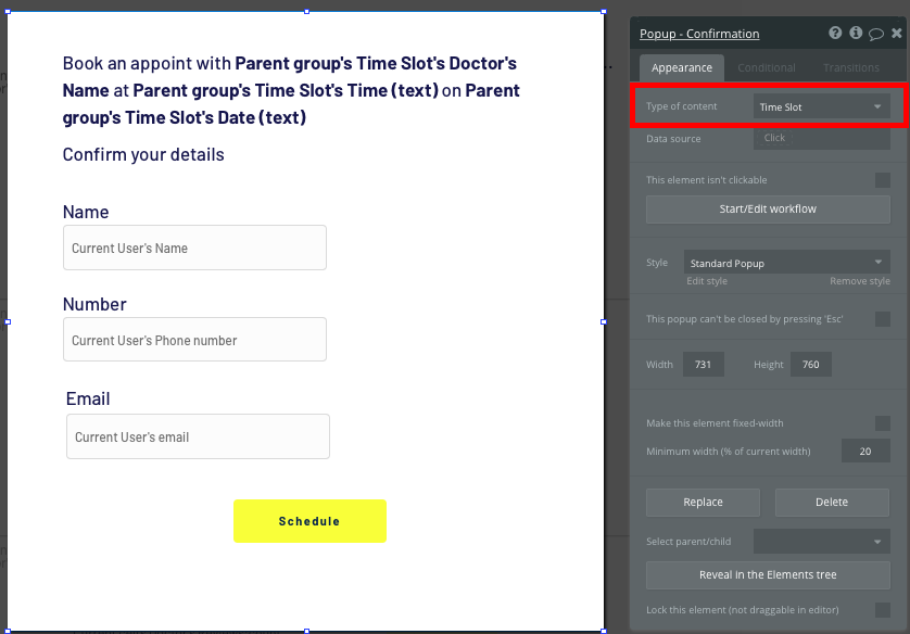 Displaying a popup to schedule an appointment in a no-code Zocdoc clone