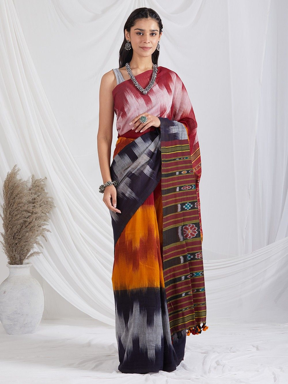 the loom - multicolor ikat handwoven cotton silk saree