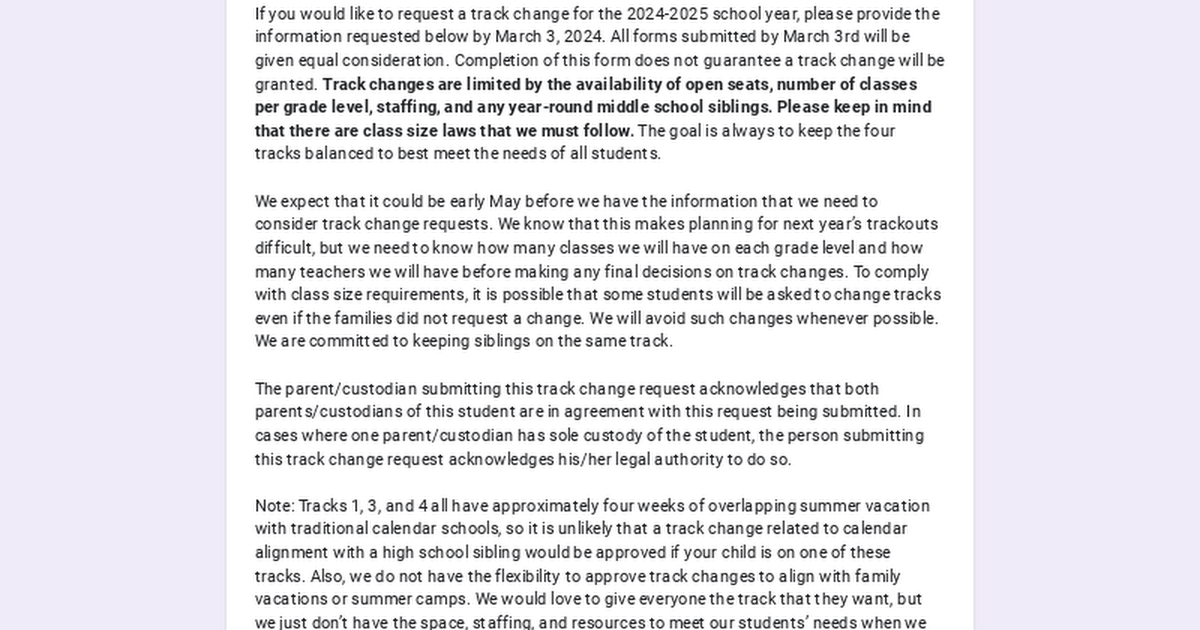 Laurel Park Elementary Track Change Request Form for 2023-2024