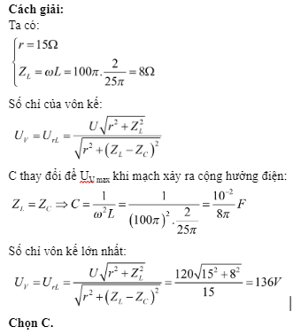 Cho mạch điện như hình vẽ, cuộn dây  C là tụ điện biến đổi. Điện trở vôn kế lớn vô cùng. Điều chỉnh C để số chỉ vôn kế lớn nhất. Tìm số chỉ vôn kế lúc này: