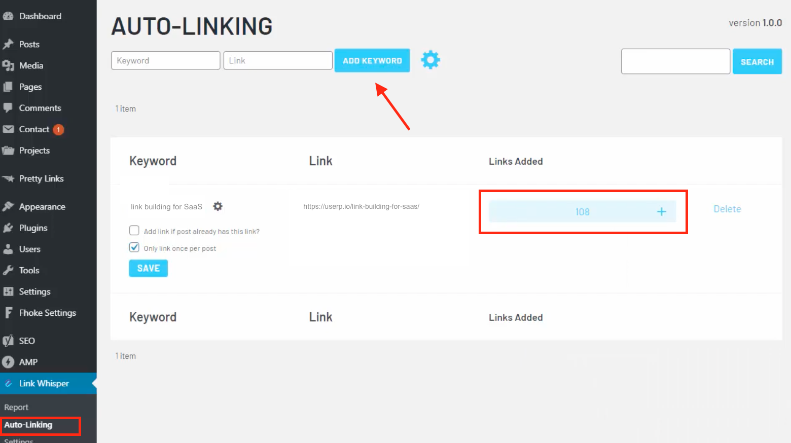 The auto-linking feature creates internal links for unique keyword and URL combinations