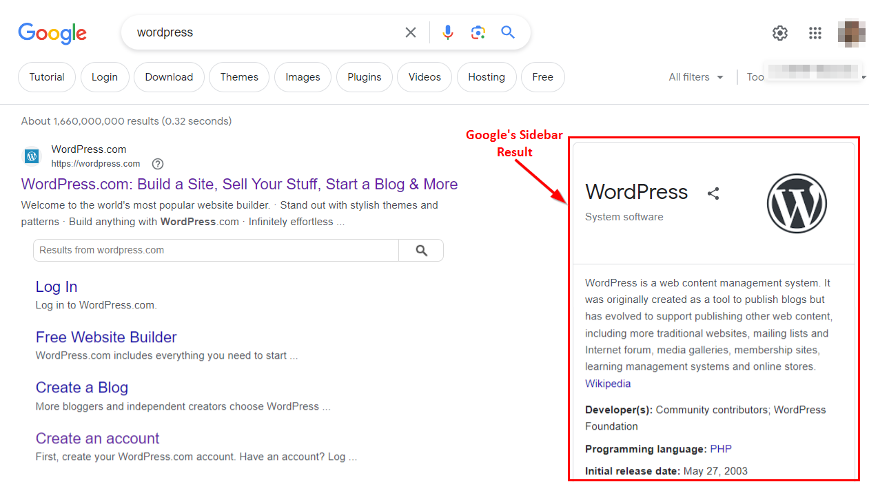 Google’s sidebar search result example.