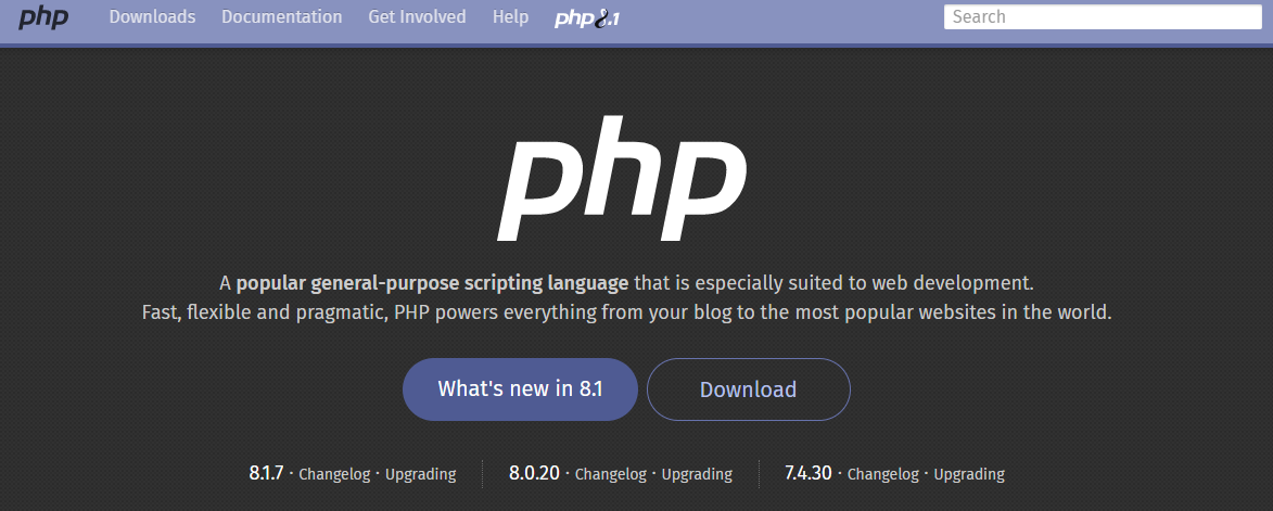 Página inicial do site da linguagem PHP