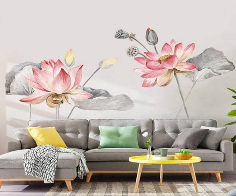 Trang trí tường bằng sơn vẽ hình hoa sen đơn giản đẹp mắt mà vẫn tinh tế sang trọng