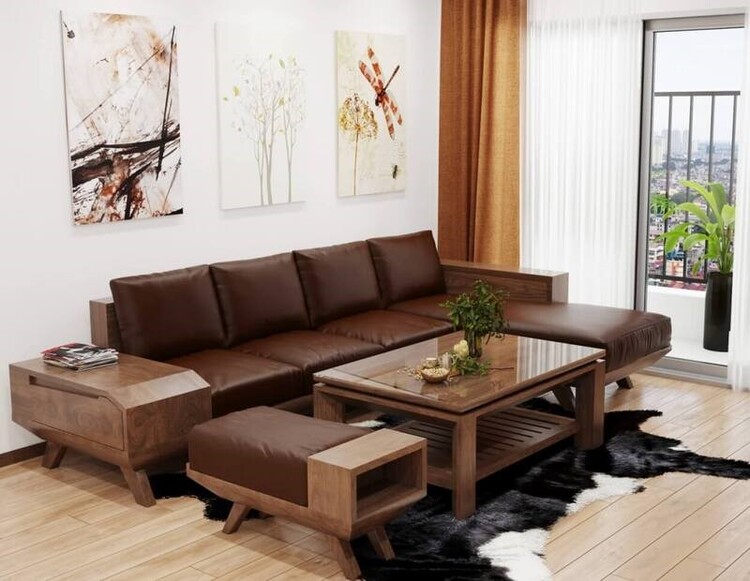 Bộ sofa từ gỗ gụ theo phong cách hiện đại kết hợp với chất liệu da sang trọng