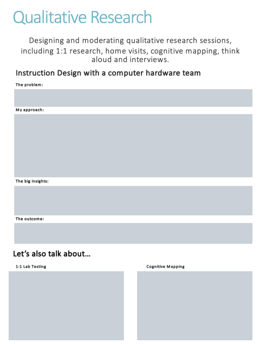 An example portfolio. The header says 'qualitative research', and then a section for 'the problem', 'my approach', 'the big insights', and 'the outcome'. The text is obscured.