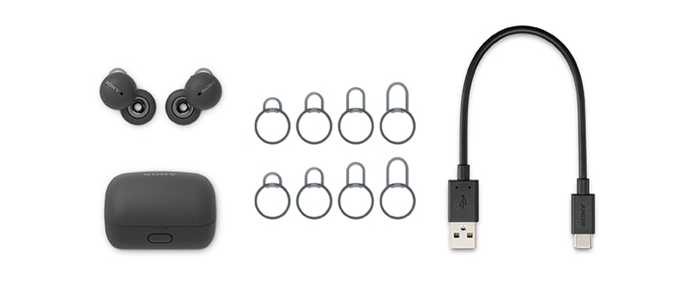 Image of the LinkBuds case in grey with LinkBuds, 5 sizes of arc support and a USB-C charging cable