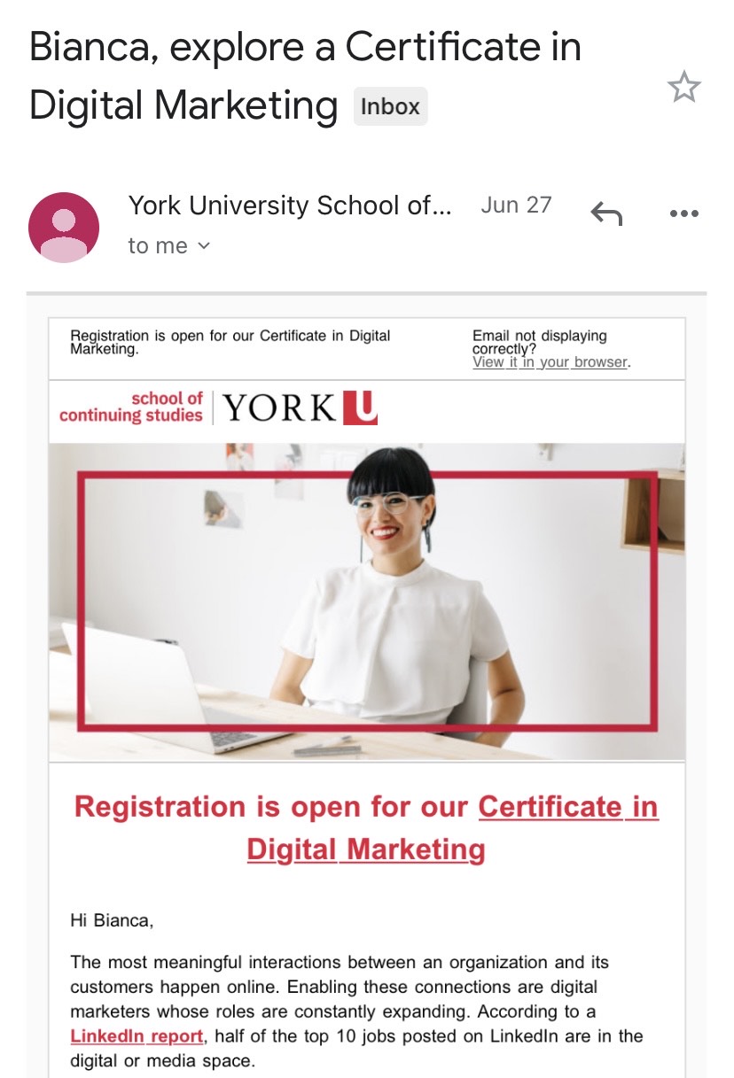 Screenshot of an email from a direct marketing campaign shows an email sent by York University with the subject line, "Bianca, explore a Certificate in Digital Marketing".