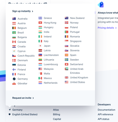 <a href='https://stripe.com/'>Stripe</a> with a popover allowing users to jump to a different country in the footer.