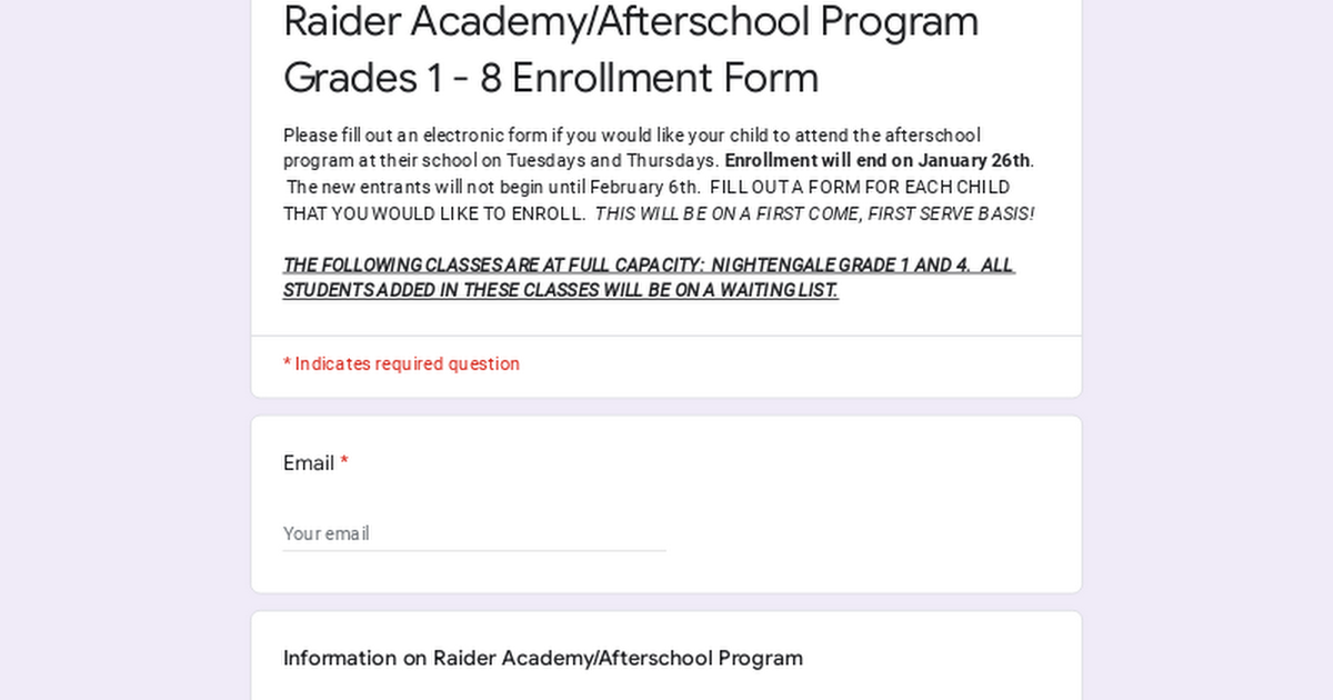 Raider Academy/Afterschool Program Grades 1 - 8 Enrollment Form