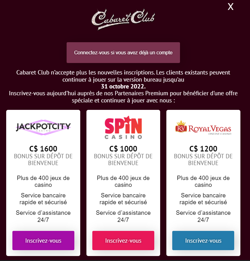 Processus d'inscription Cabaret Club Casino